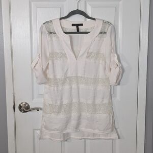 BCBGMaxazria Erid Gardenia White Lace Eyelet Striped Roll Tab Tunic Blouse Small